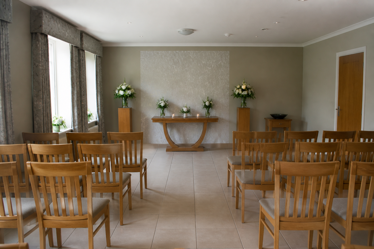 An empty quiet chapel of rest with wooden chairs, with no people and no logos