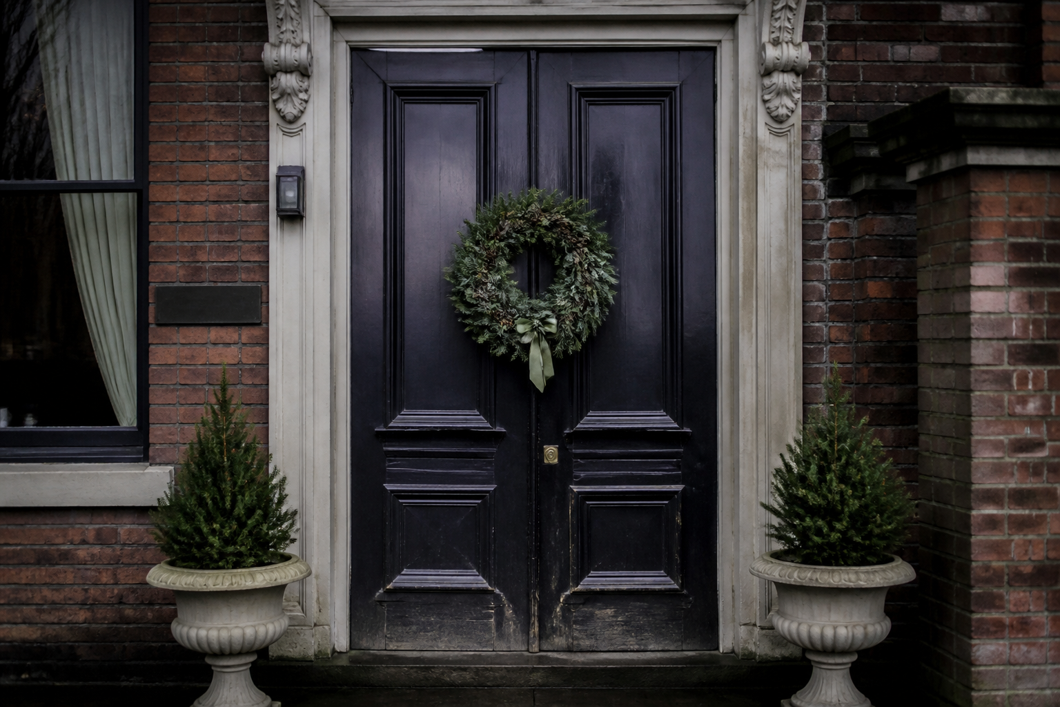 A dark timber door of a Victorian funeral house with a simple wreath, with no lettering