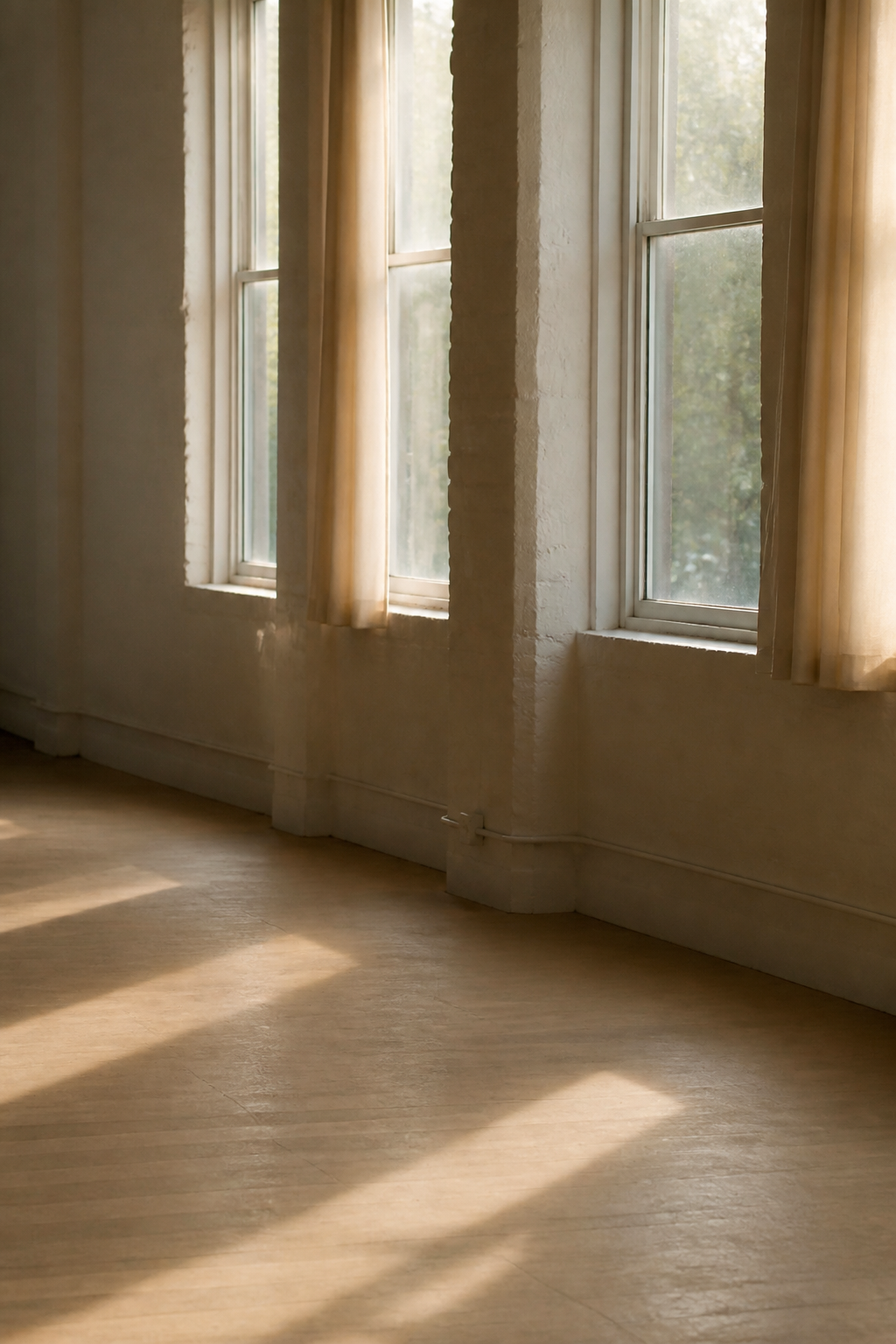 Warm sidelight on an empty movement-studio floor, with no logos
