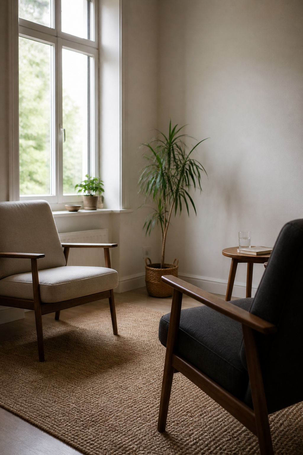 A spare therapy room with two chairs and a sash window, with no people