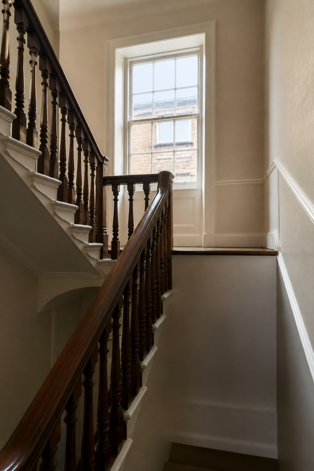 A quiet Georgian stairwell in a York townhouse, with no logos