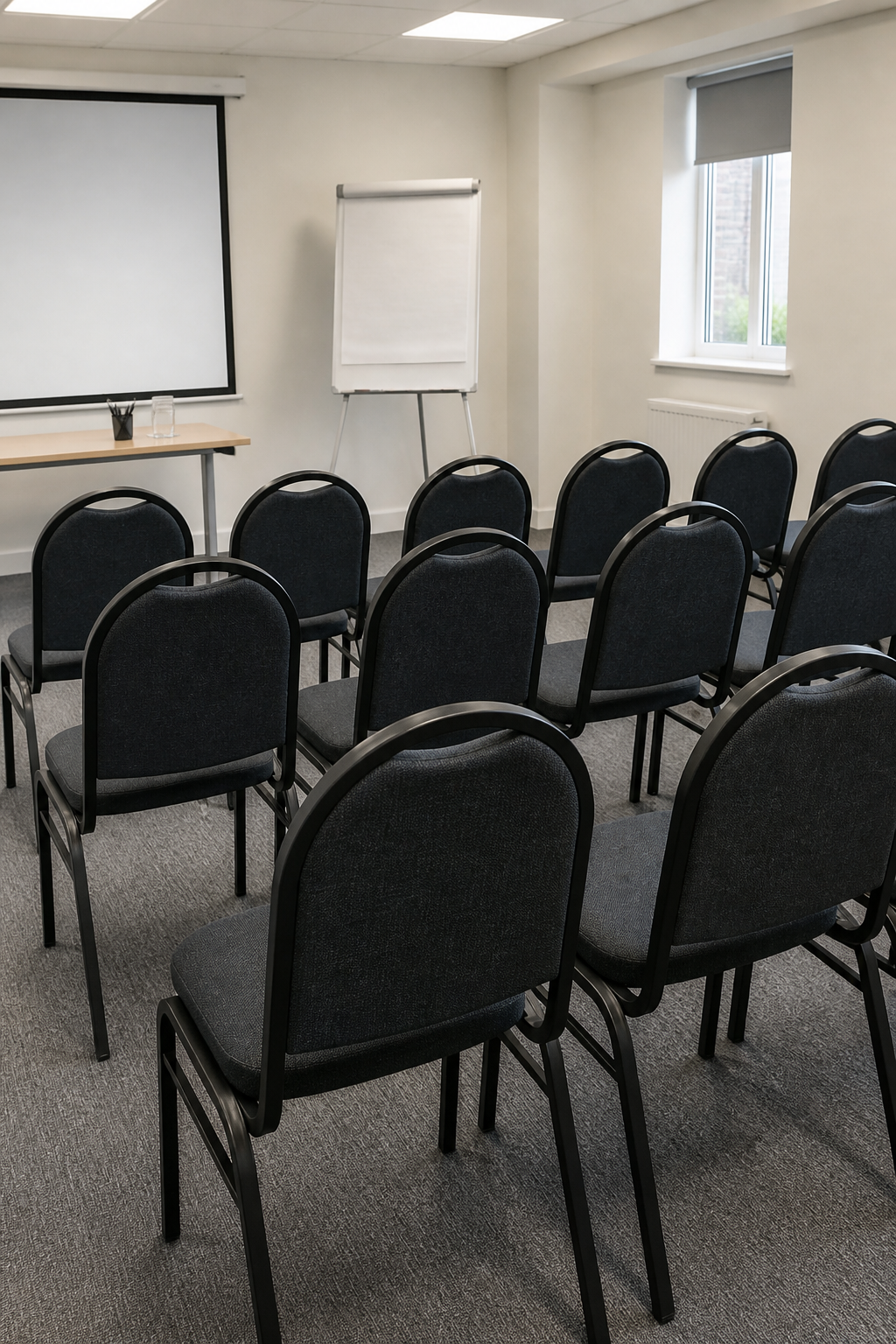 Empty conference chairs in a small British training suite, with no logos