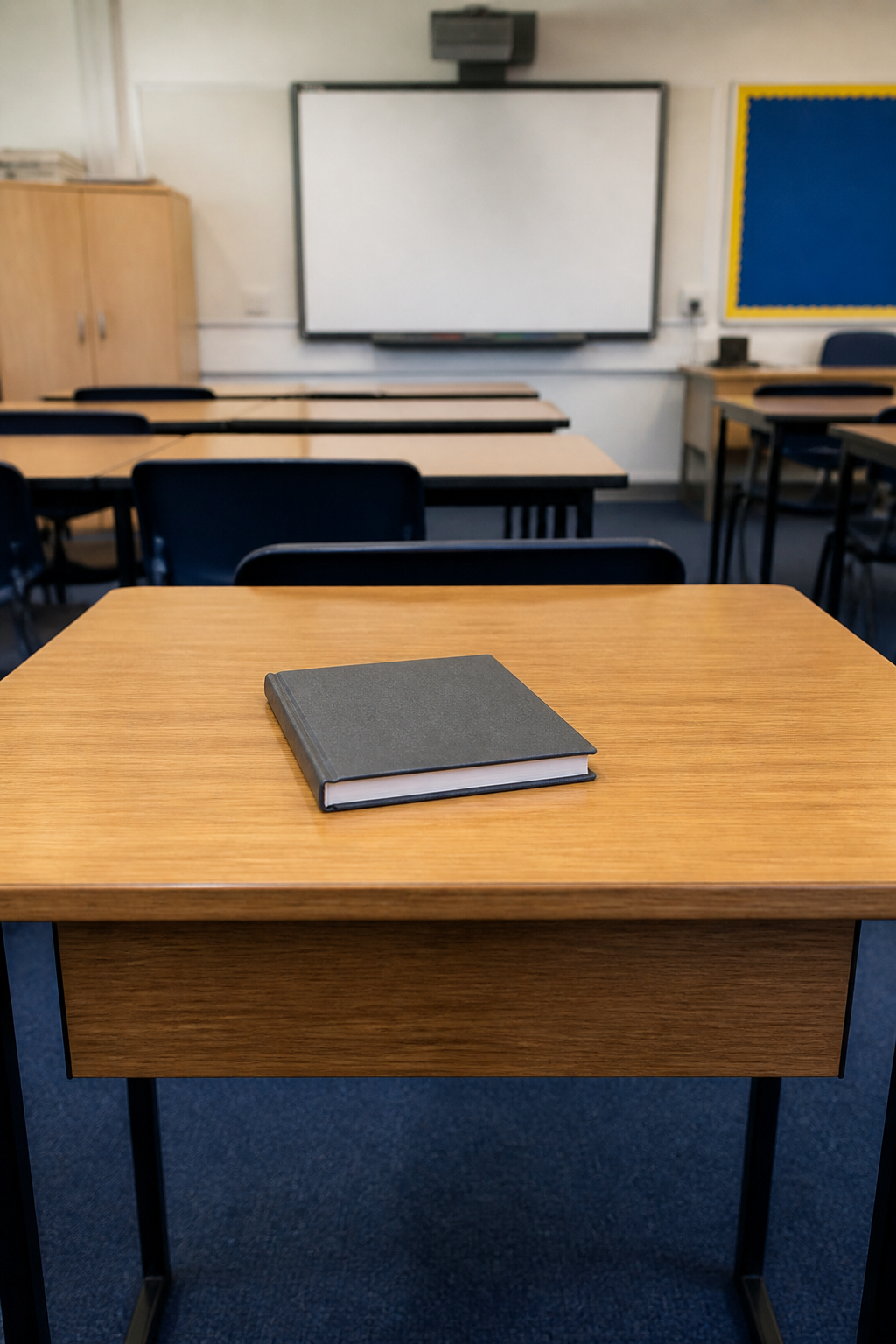 A simple unmarked wooden training desk with a closed notebook, with no writing