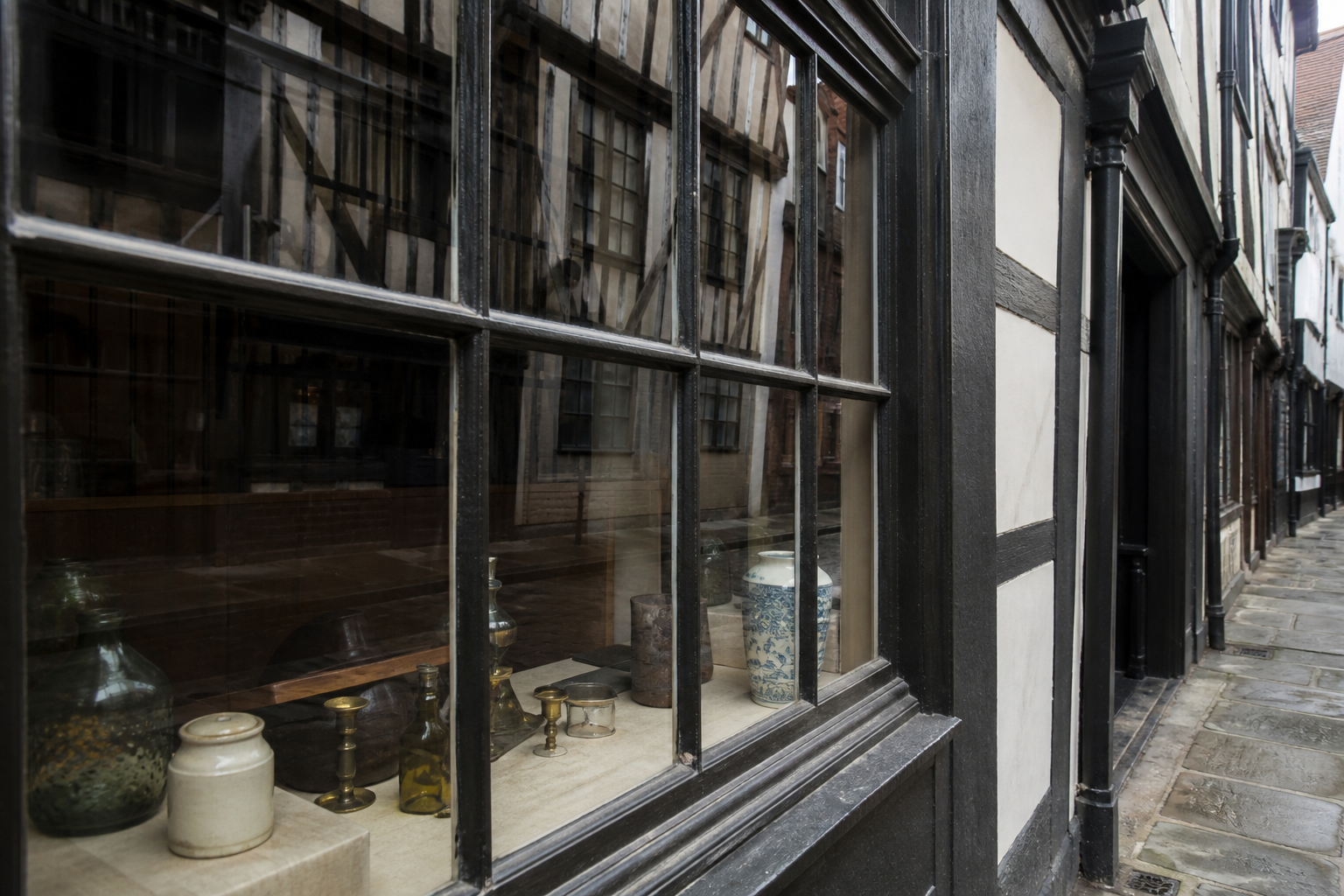 A shop window on a York medieval street, with no logos and no prices