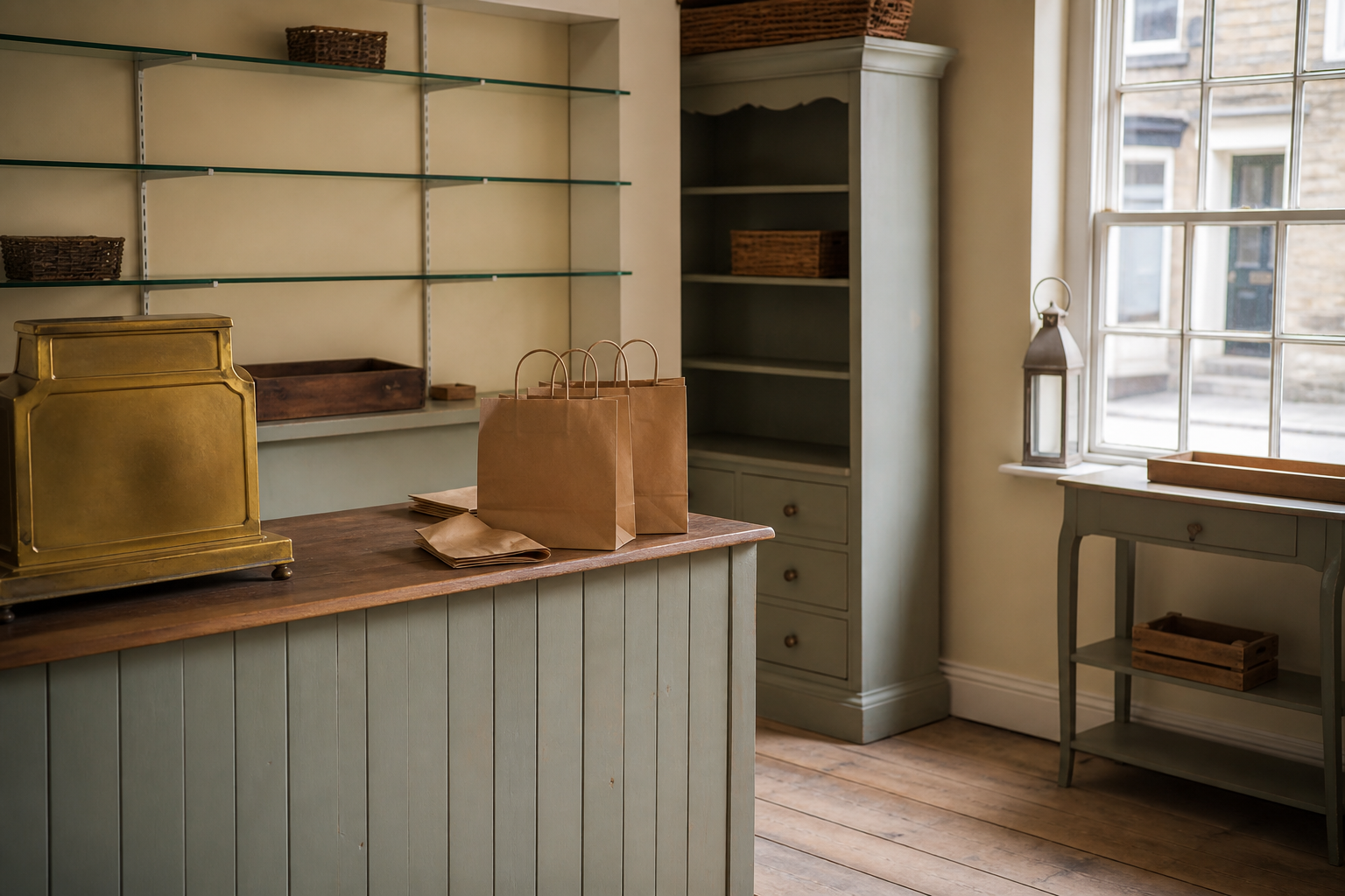 A small village-shop counter with paper bags, with no price tickets
