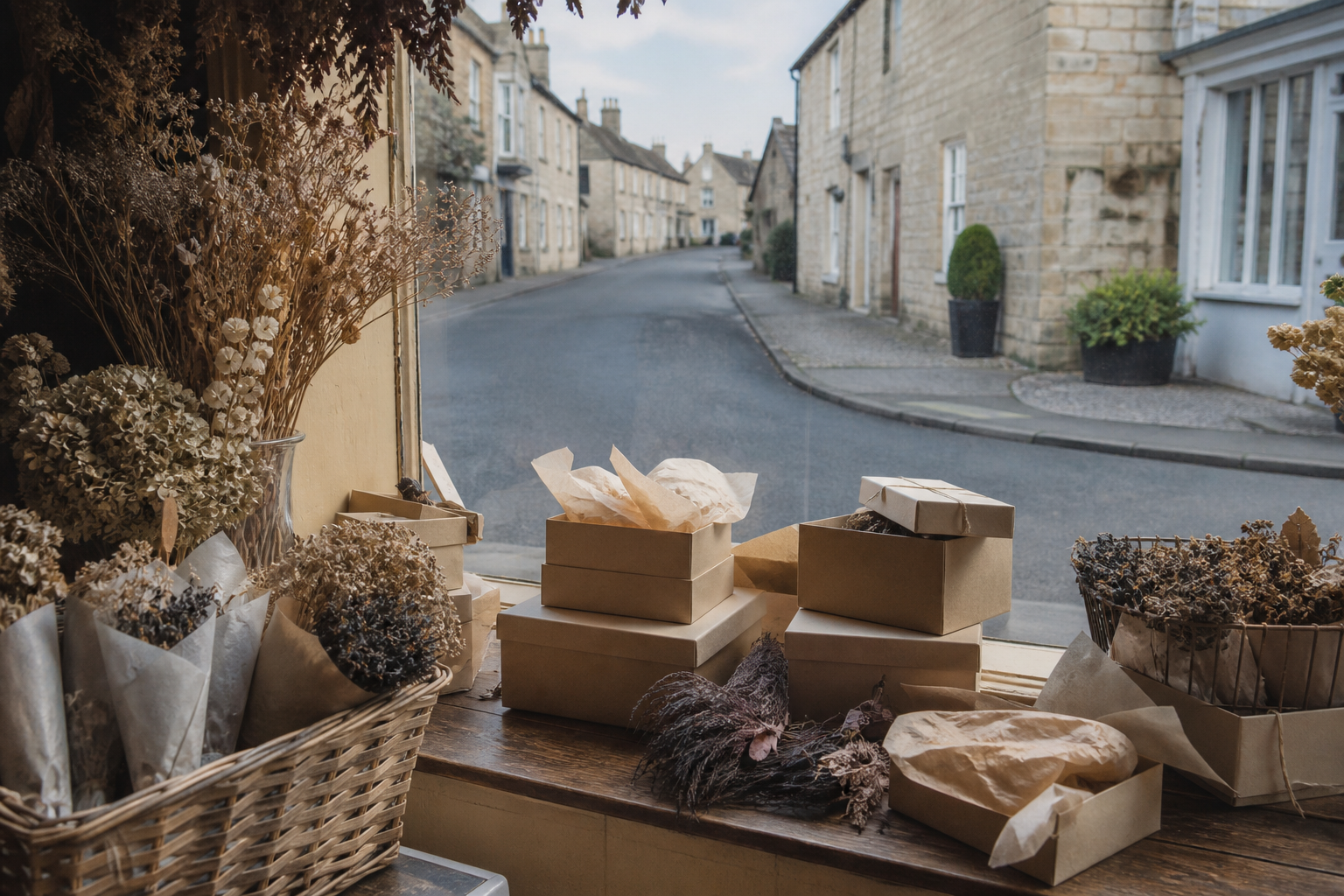 A dressed village-shop window looking onto a quiet street, with no logos