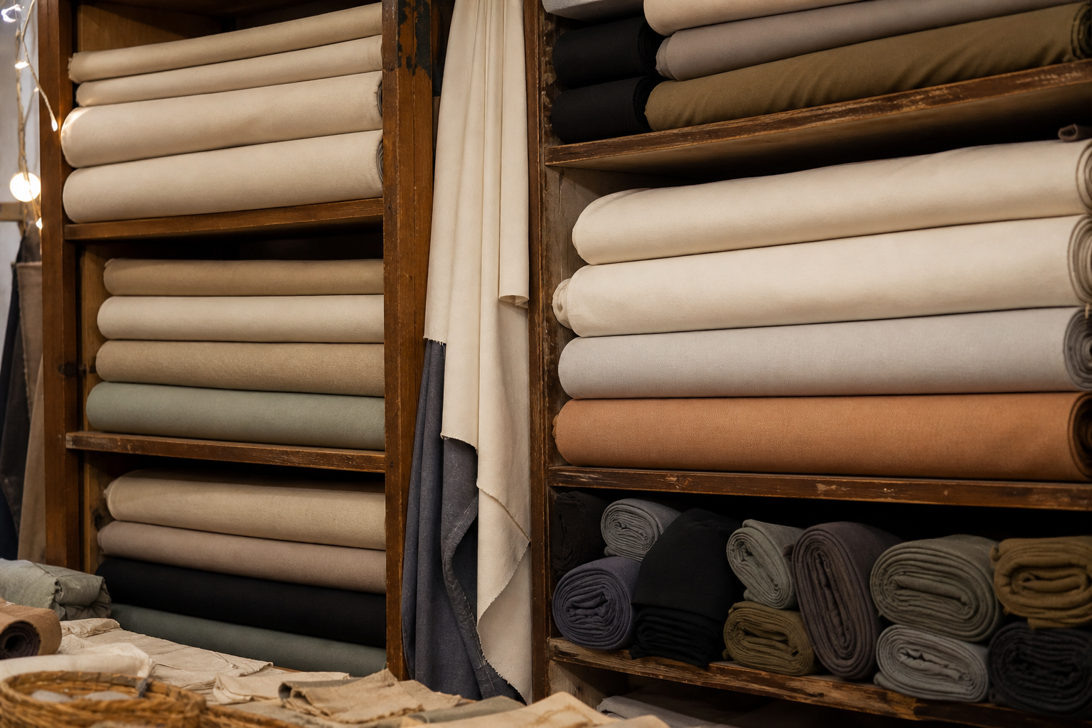 Bolts of unmarked cotton and canvas in a British sewing shop, with no brand names