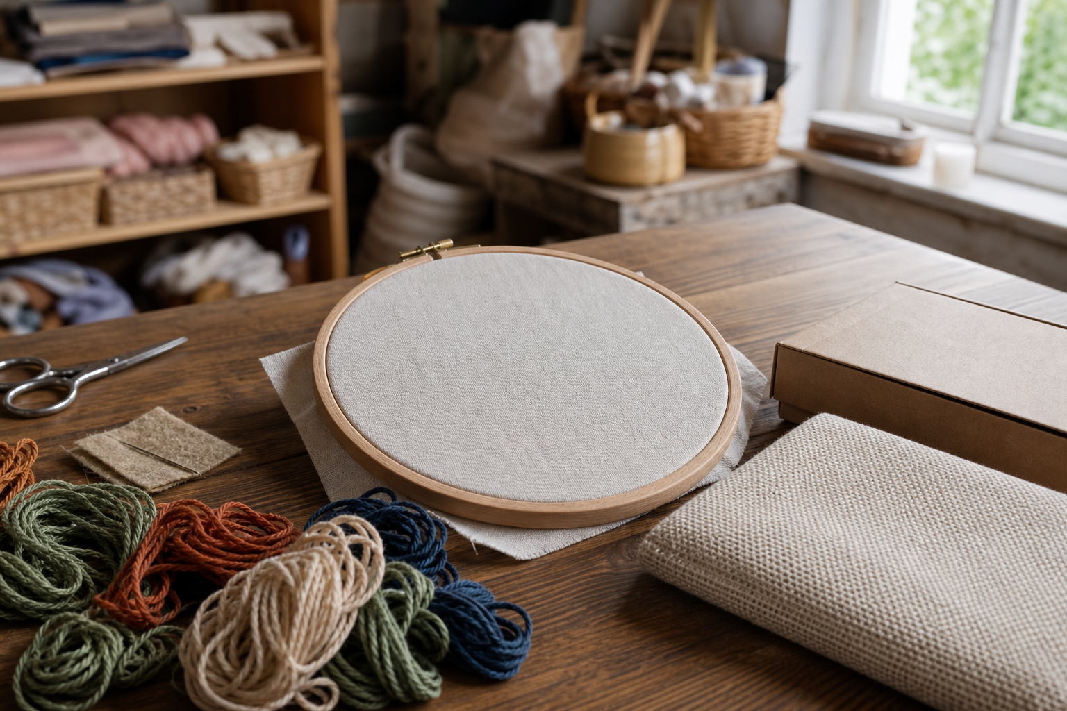 An unmarked embroidery hoop, stranded cotton and a plain kit box on a wooden table, with no price tickets