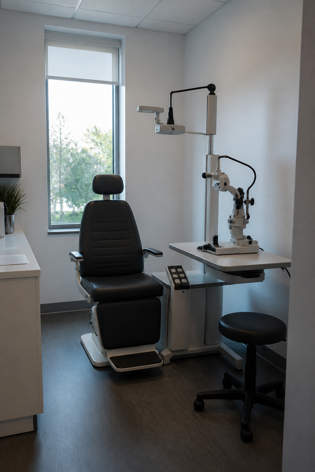 A quiet vision consulting room with an examination chair, with no people
