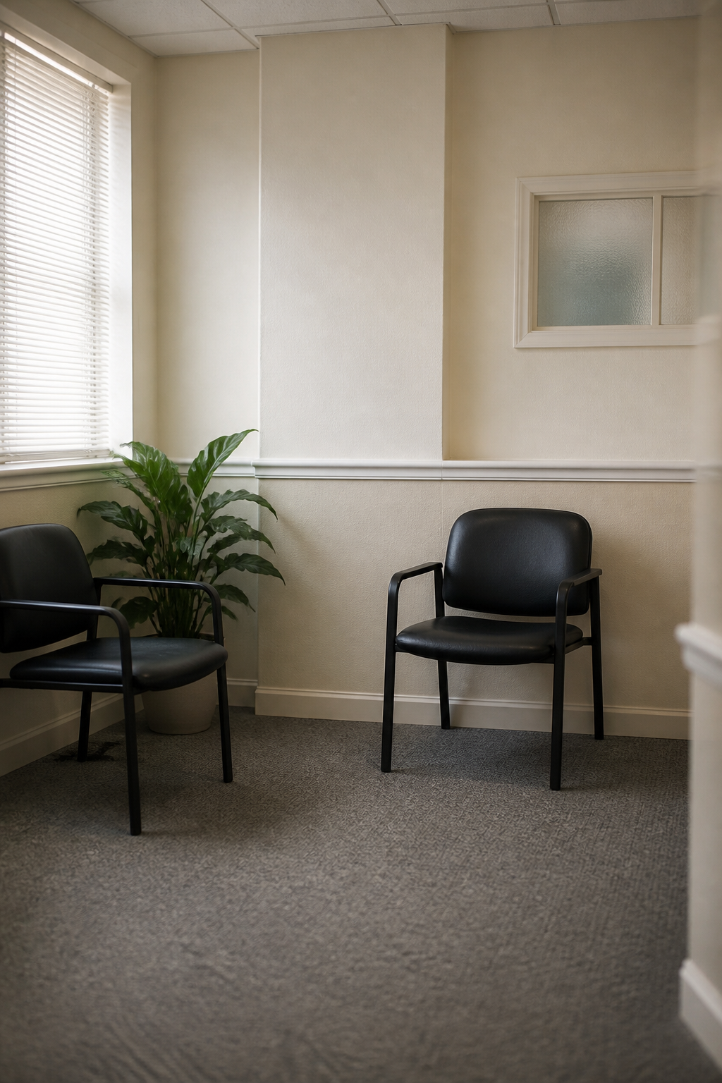 An empty clinic waiting room with two chairs, with no logos
