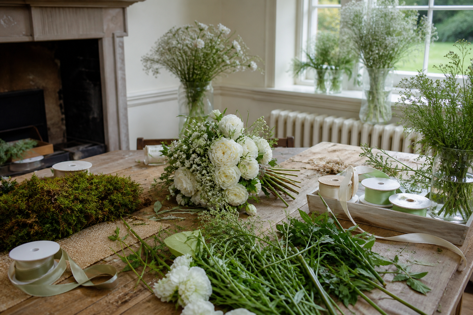 A florist workshop table with stems and ribbon, with no people