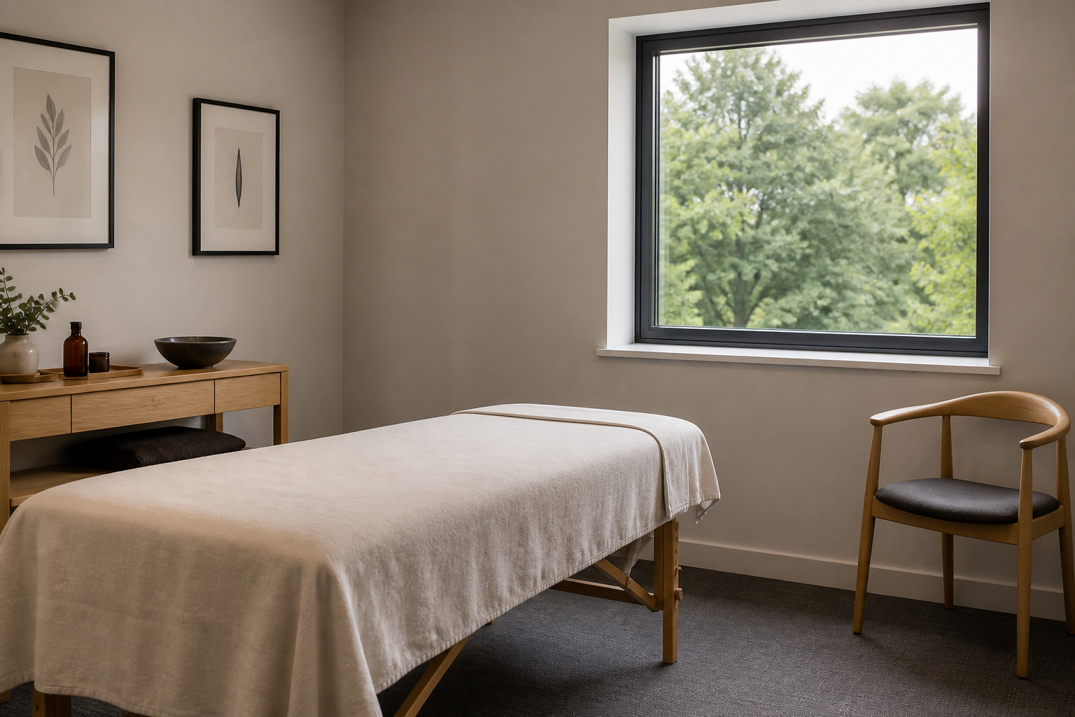 A quiet acupuncture room with a linen couch in a modern office suite, with no people