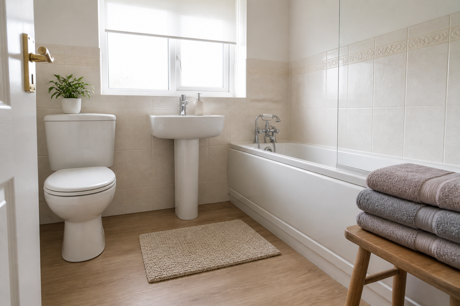 A bright bathroom with a white suite, folded towels and a clear shower screen