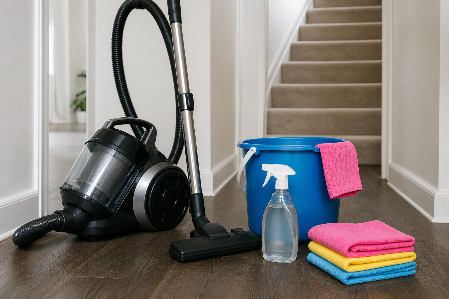 Vacuum, cloths, a bucket and a spray bottle ready for a domestic clean
