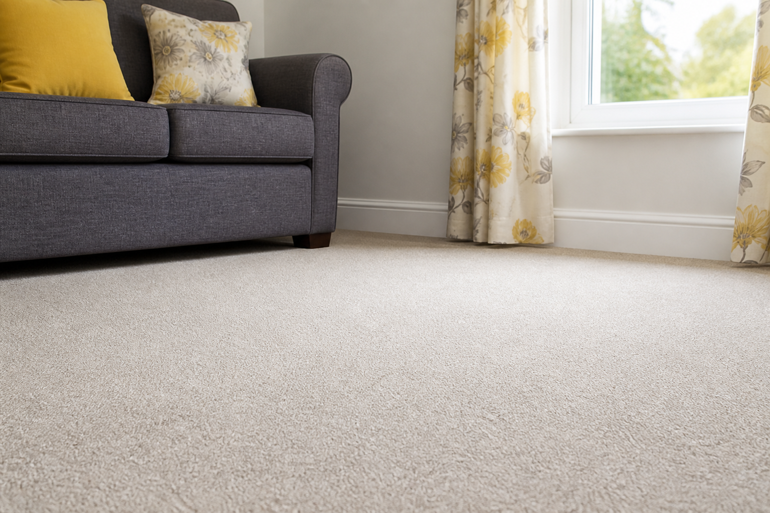 A freshly vacuumed living-room carpet beside a sofa