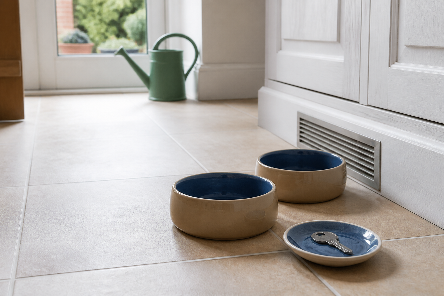 Cat bowls on a kitchen floor beside a spare house key
